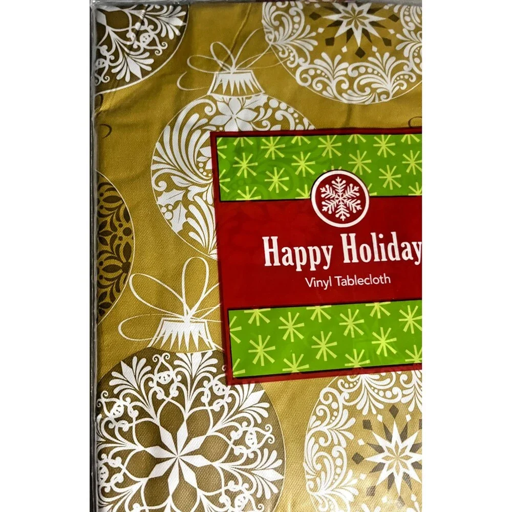 Christmas Ball Ornaments Gold Vinyl Tablecloth Flannel Backed Holiday 52x90